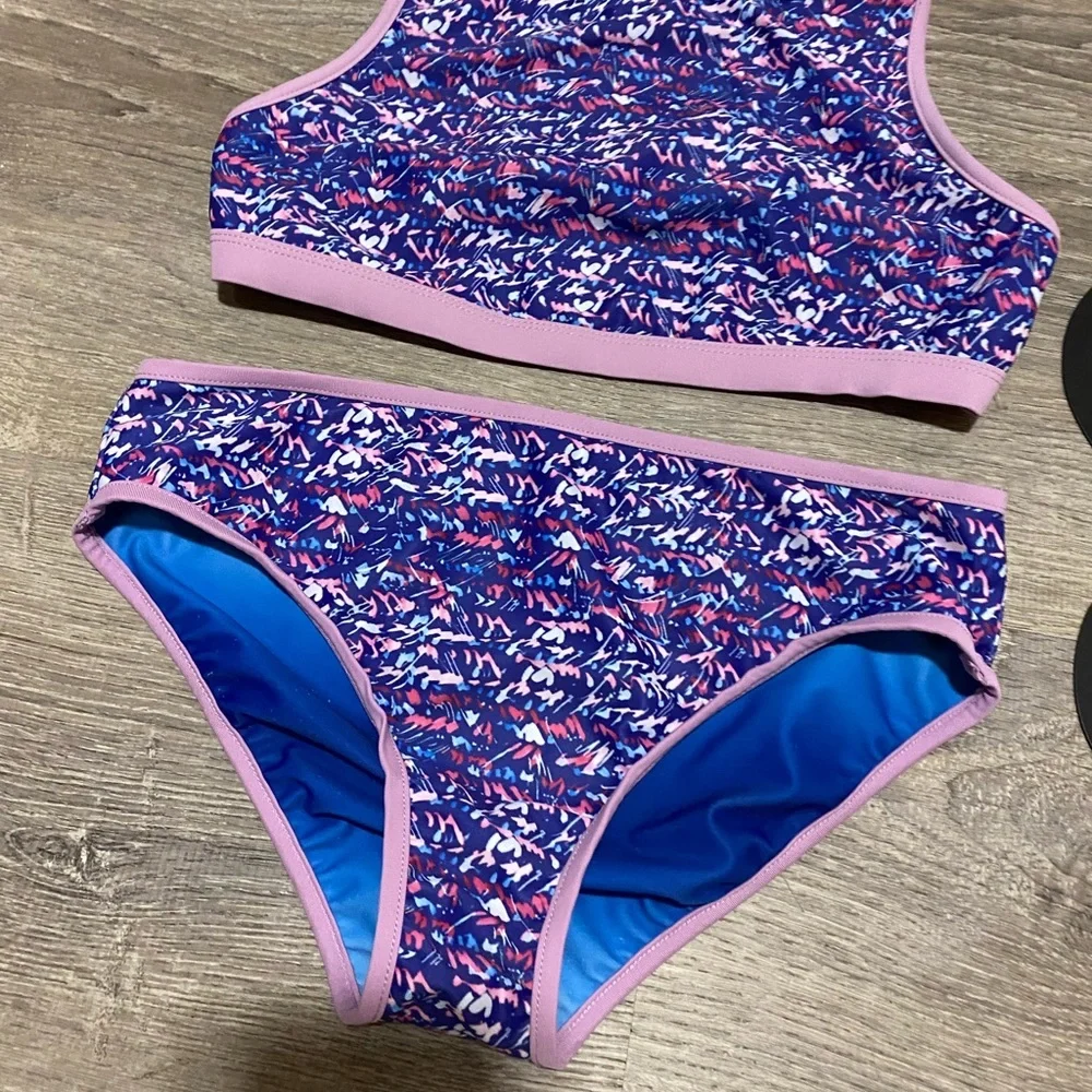NWT Girls Sport Bikini Set XL 14-16 Blue Pink Athletic Training Swimsuit